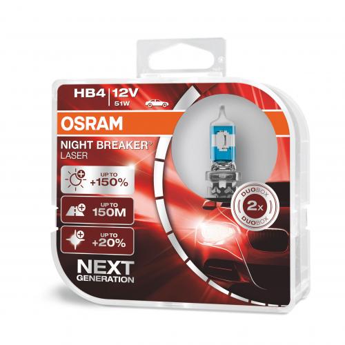 Osram 9006NL-HCB  P22d 90° Halogen  51W HB4 (9006) Night Breaker Laser 150% 2 Halogen Bulbs