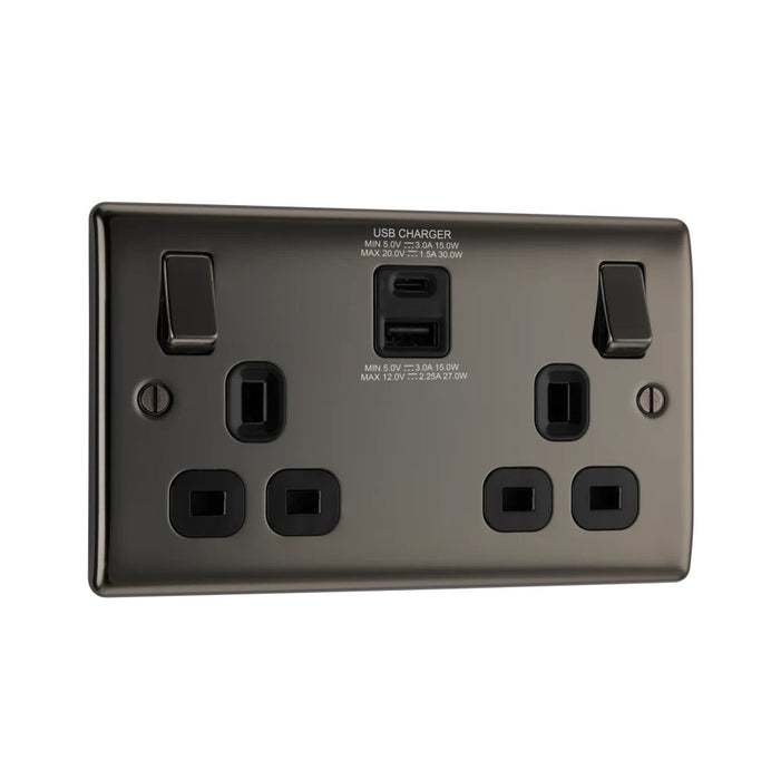 BG Nexus NBN22UAC30B Black Nickel 13A Switched USB Socket with Type A & Type C 4.2A - DISCONTINUED
