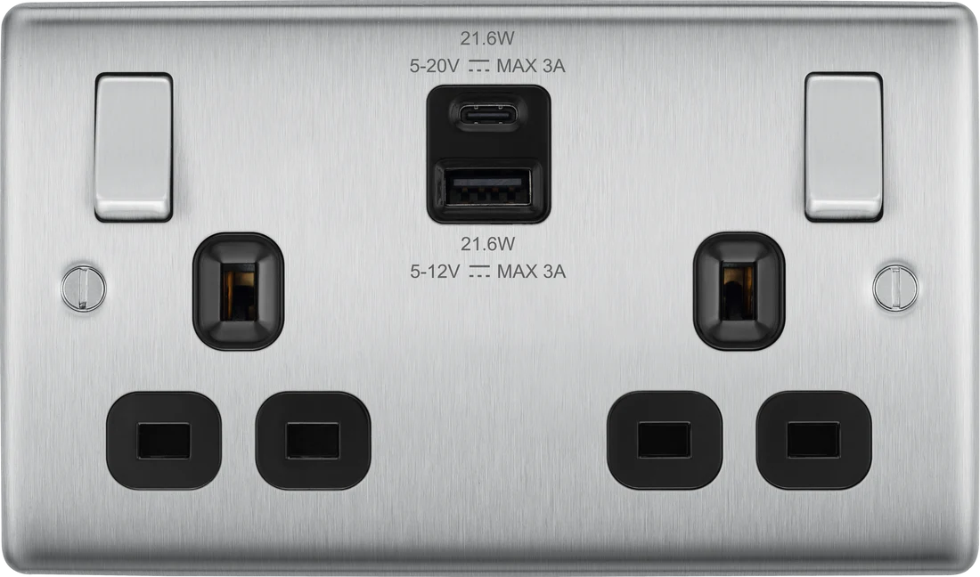 BG Nexus NBS22UAC22B Brushed Steel 13A 2 Gang Switched Socket + 22W USB - Black Inserts
