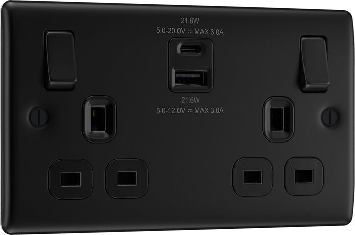 BG Nexus NFB22UAC22B 2 Gang Matt Black Switched Plug Socket 13A - With USB