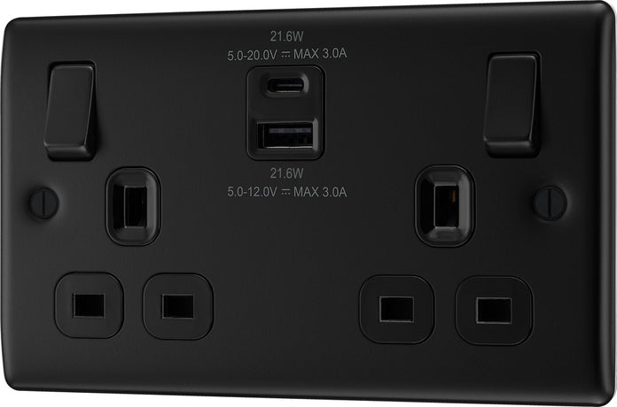 BG Nexus NFB22UAC22B 2 Gang Matt Black Switched Plug Socket 13A - With USB