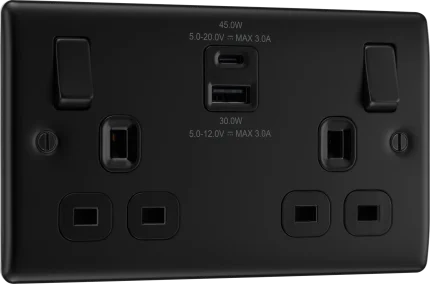 BG Nexus NFB22UAC45B 2 Gang Matt Black Switched Plug Socket 13A - With 45W USB