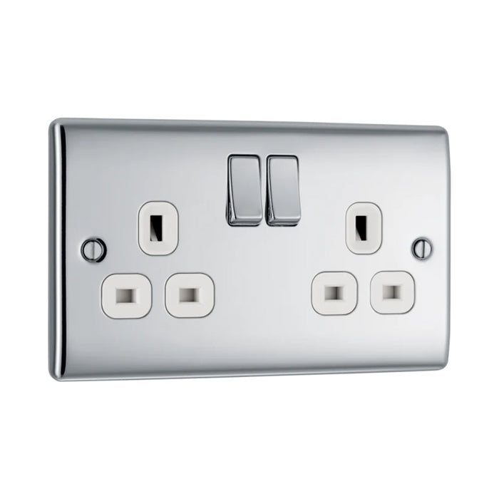 BG Nexus NPC22W Polished Chrome 13A 2G Double Pole Switched Socket White Inserts BG Nexus Metal - Polished Chrome BG - Sparks Warehouse