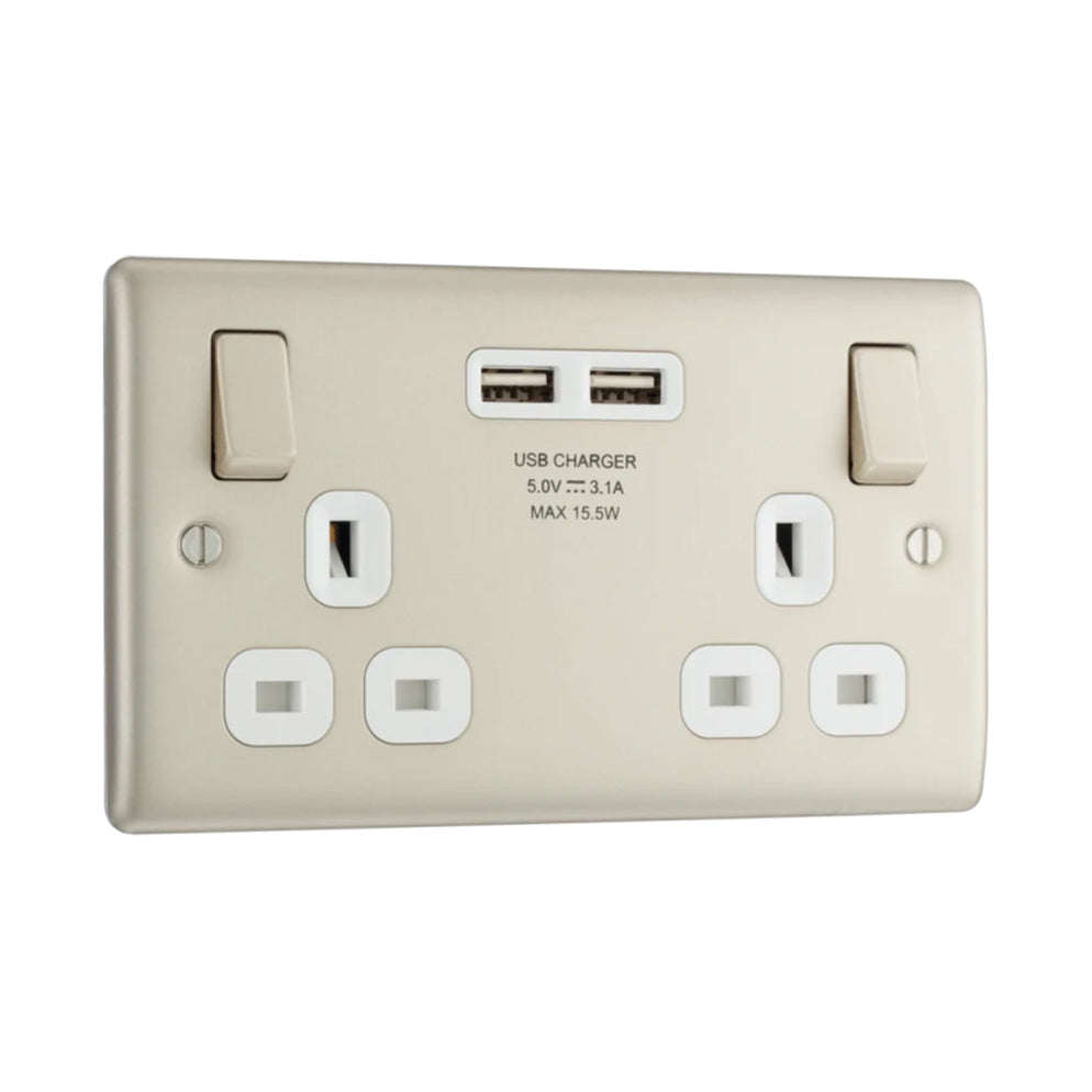 BG Nexus NPR22U3W Metal Pearl Nickel Double Plug Socket Switched 2 Gan