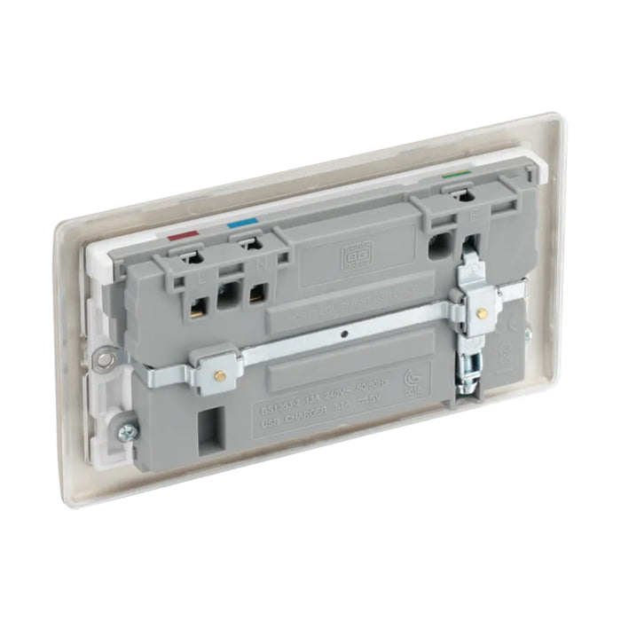 BG Nexus NPR22U3W Metal Pearl Nickel Double Plug Socket Switched 2 Gang White 2 x USB - DISCONTINUED BG Nexus Metal - Pearl Nickel BG - Sparks Warehouse