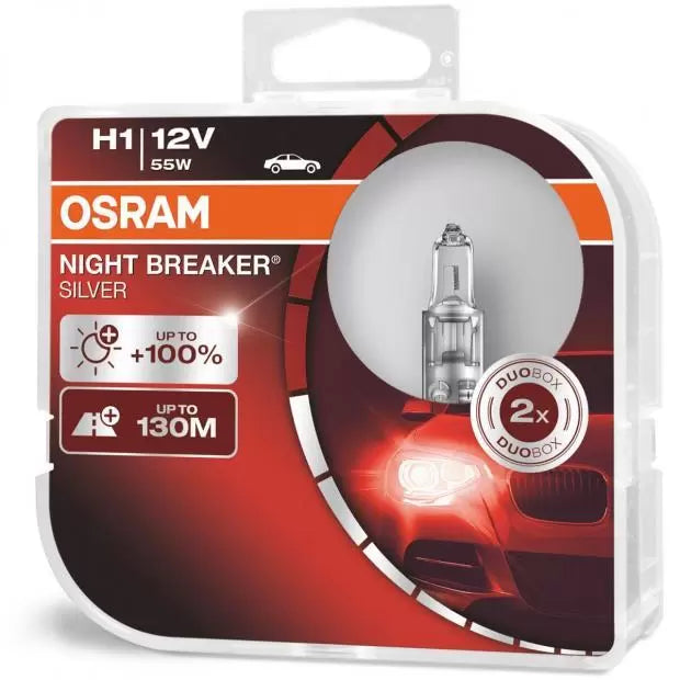 Osram 64150NBS-HCB Halogen 55W Night Breaker Silver  P14.5s H1 (448) 12V 2 Halogen Bulbs