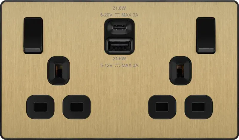 BG Evolve - PCDSB22UAC22B - Brushed Brass (Black) Double Switched 13A Power Socket + 2 X USB - DISCONTINUED