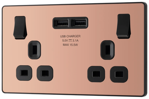BG Evolve - PCDCP22U3B - Polished Copper (Black) Double Switched 13A Power Socket + 2 X USB (3.1A) BG - Evolve - Screwless Polished Copper BG - Sparks Warehouse