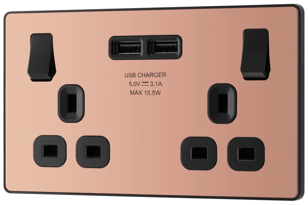 BG Evolve - PCDCP22U3B - Polished Copper (Black) Double Switched 13A Power Socket + 2 X USB (3.1A) BG - Evolve - Screwless Polished Copper BG - Sparks Warehouse