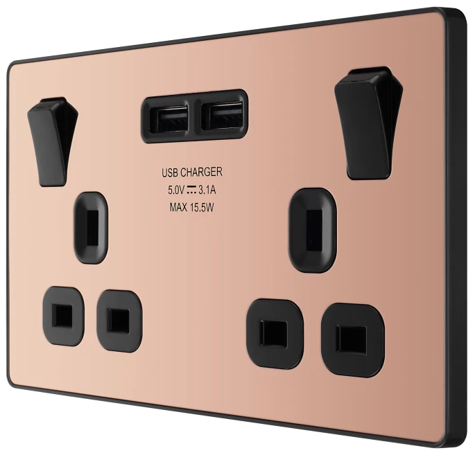 BG Evolve - PCDCP22U3B - Polished Copper (Black) Double Switched 13A Power Socket + 2 X USB (3.1A) BG - Evolve - Screwless Polished Copper BG - Sparks Warehouse