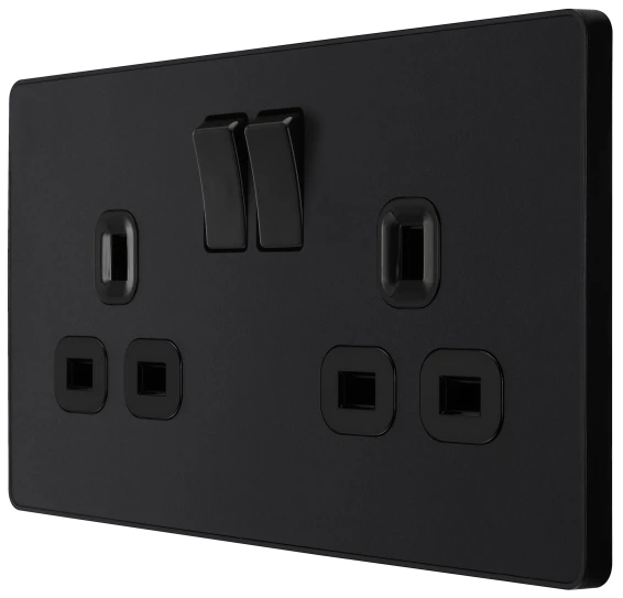 BG Evolve - PCDMB22B 2 Gang Matt Black Switched Screwless 13amp Plug Socket BG - Evolve - Screwless Matt Black BG - Sparks Warehouse