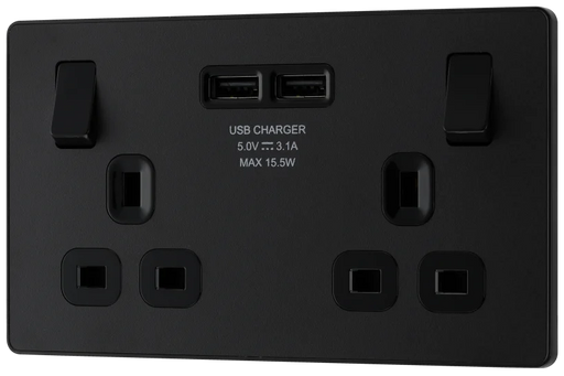 BG Evolve - PCDMB22U3B - Matt Black (Black) Double Switched 13A Power Socket + 2 X USB (3.1A) BG - Evolve - Screwless Matt Black BG - Sparks Warehouse