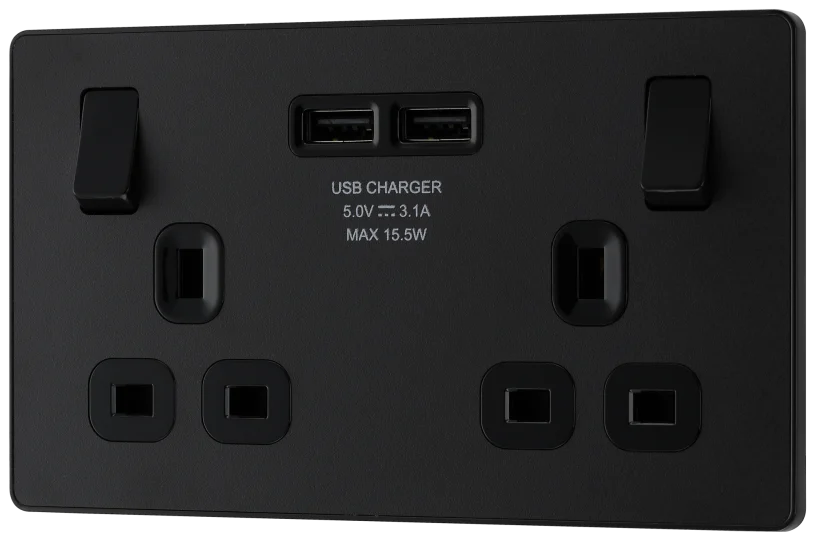 BG Evolve - PCDMB22U3B - Matt Black (Black) Double Switched 13A Power Socket + 2 X USB (3.1A) BG - Evolve - Screwless Matt Black BG - Sparks Warehouse
