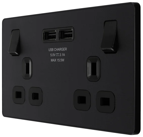 BG Evolve - PCDMB22U3B - Matt Black (Black) Double Switched 13A Power Socket + 2 X USB (3.1A) BG - Evolve - Screwless Matt Black BG - Sparks Warehouse