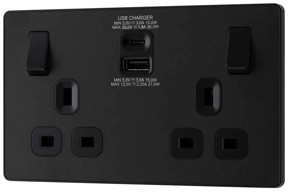 BG Evolve - PCDMB22UAC30B - Matt Black (Black) Double Switched 13A Power Socket + USB C 30W + USB A (2.1A) BG - Evolve - Screwless Matt Black BG - Sparks Warehouse