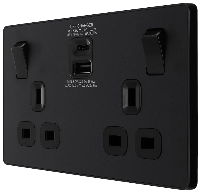 BG Evolve - PCDMB22UAC30B - Matt Black (Black) Double Switched 13A Power Socket + USB C 30W + USB A (2.1A) BG - Evolve - Screwless Matt Black BG - Sparks Warehouse