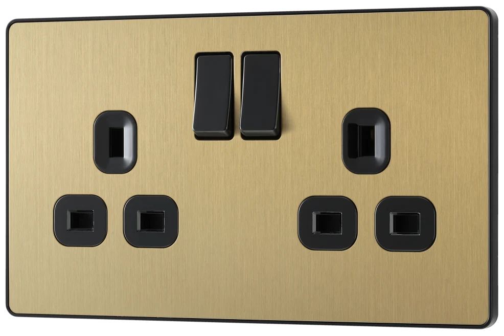 BG Evolve - PCDSB22B - Brushed Brass (Black) Double Switched 13A Power Socket BG - Evolve - Screwless Brushed Brass BG - Sparks Warehouse
