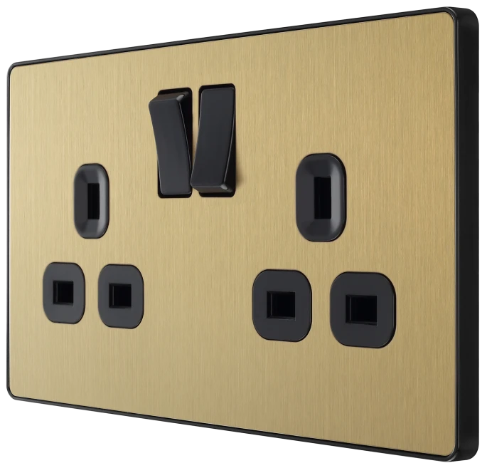 BG Evolve - PCDSB22B - Brushed Brass (Black) Double Switched 13A Power Socket BG - Evolve - Screwless Brushed Brass BG - Sparks Warehouse