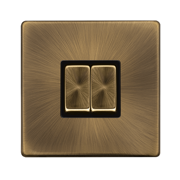 Scolmore SFAB412BK 10AX INGOT 2 GANG 2 WAY SWITCH - ANTIQUE BRASS COVER PLATE - BLACK INSERT