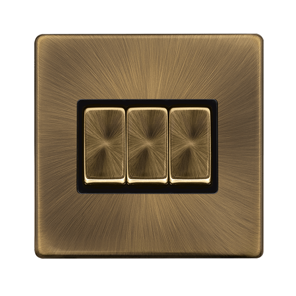 Scolmore SFAB413BK 3G 2W INGOT SWITCH - ANTIQUE BRASS COVER PLATE - BLACK INSERT