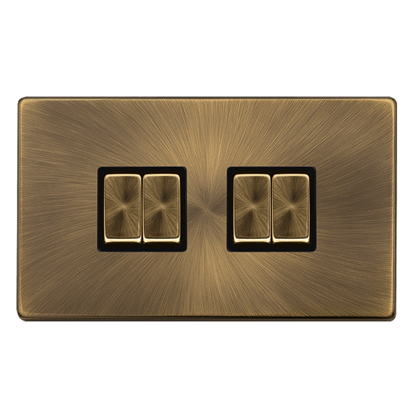 Scolmore SFAB414BK 10AX INGOT 4 GANG 2 WAY SWITCH - ANTIQUE BRASS COVER PLATE - BLACK INSERT