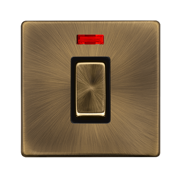 Scolmore SFAB501BK 50A INGOT 1 GANG DOUBLE POLE SWITCH WITH NEON -  ANTIQUE BRASS COVER PLATE - BLACK INSERT