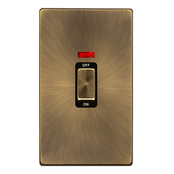 Scolmore SFAB503BK 50A INGOT 2 GANG DOUBLE POLE SWITCH WITH NEON -  ANTIQUE BRASS COVER PLATE - BLACK INSERT
