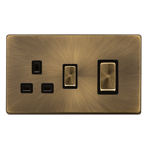 Scolmore SFAB504BK 50A INGOT DOUBLE POLE SWITCH WITH 13A DOUBLE POLE SWITCHED SOCKET -  ANTIQUE BRASS COVER PLATE - BLACK INSERT