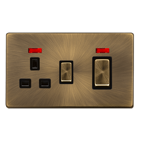 Scolmore SFAB505BK 50A INGOT DOUBLE POLE SWITCH WITH 13A DOUBLE POLE SWITCHED SOCKET & NEON -  ANTIQUE BRASS COVER PLATE - BLACK INSERT