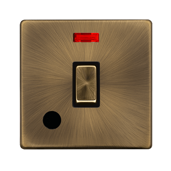 Scolmore SFAB523BK 20A INGOT DOUBLE POLE SWITCH WITH NEON & FLEX OUTLET - ANTIQUE BRASS COVER PLATE - BLACK INSERT