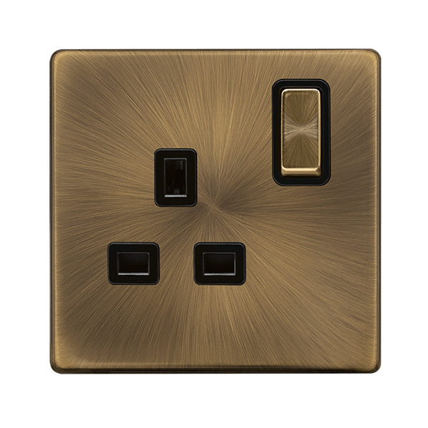 Scolmore SFAB535BK 13A INGOT 1 GANG DP SWITCHED SOCKET - ANTIQUE BRASS COVER PLATE - BLACK INSERT