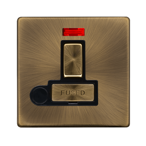 Scolmore SFAB552BK 13A INGOT SWITCHED FUSED CONNECTION UNIT WITH NEON & OPTIONAL FLEX OUTLET - ANTIQUE BRASS COVER PLATE - BLACK INSERT