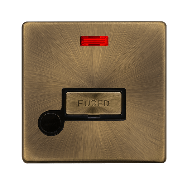 Scolmore SFAB553BK 13A INGOT FUSED CONNECTION UNIT WITH NEON & OPTIONAL FLEX OUTLET - ANTIQUE BRASS COVER PLATE - BLACK INSERT
