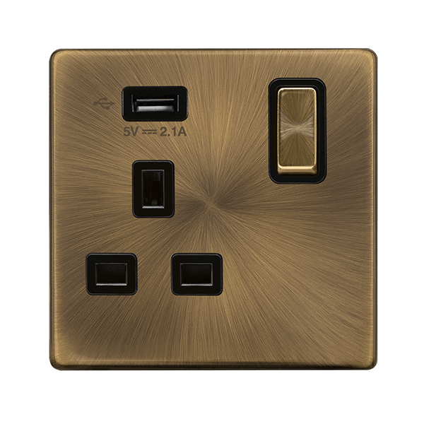 Scolmore SFAB571UBK 13A INGOT 1 GANG SWITCHED SOCKET WITH 2.1A USB OUTLET - ANTIQUE BRASS COVER PLATE - BLACK INSERT