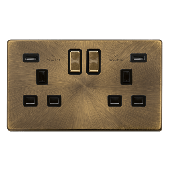 Scolmore SFAB580BK 13A INGOT 2 GANG SWITCHED SOCKET WITH 2.1A USB OUTLETS - ANTIQUE BRASS COVER PLATE - BLACK INSERT