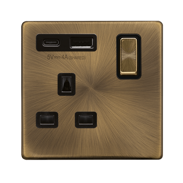 Scolmore SFAB585BK DEFINITY 'INGOT' 13A 1  GANG  SWITCHED SAFETY SHUTTER SOCKET OUTLET WITH TYPE A & C USB (4A) OUTLETS - ANTIQUE BRASS - BLACK INSERTS