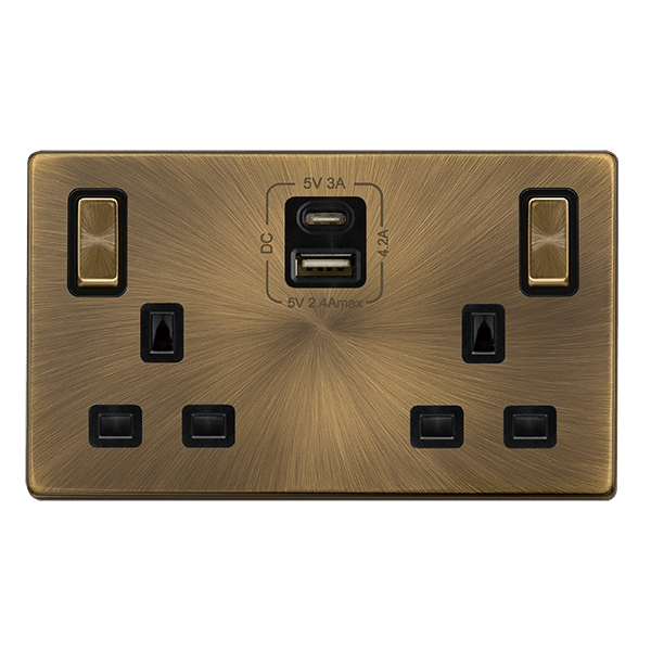 Scolmore SFAB586BK 13A INGOT 2 GANG SWITCHED SAFETY SHUTTER SOCKET WITH TYPE A & C USB - ANTIQUE BRASS COVER PLATE - BLACK INSERT