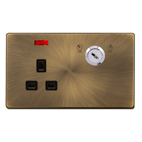 Scolmore SFAB655BK 13A 1 GANG DOUBLE POLE KEY LOCKABLE SOCKET WITH NEON - ANTIQUE BRASS COVER PLATE - BLACK INSERT
