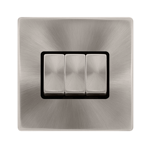 Scolmore SFBS413BK 10AX INGOT 3 GANG 2 WAY SWITCH - BRUSHED STEEL COVER PLATE - BLACK INSERT