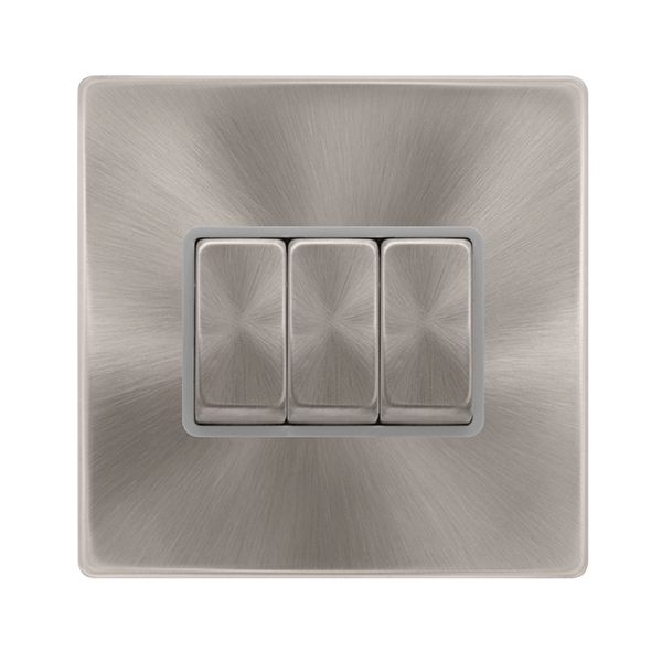 Scolmore SFBS413GY 10AX INGOT 3 GANG 2 WAY SWITCH - BRUSHED STEEL COVER PLATE - GREY INSERT