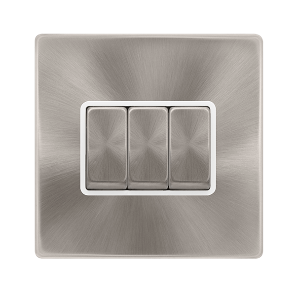 Scolmore SFBS413PW 10AX INGOT 3 GANG 2 WAY SWITCH - BRUSHED STEEL COVER PLATE - POLAR INSERT