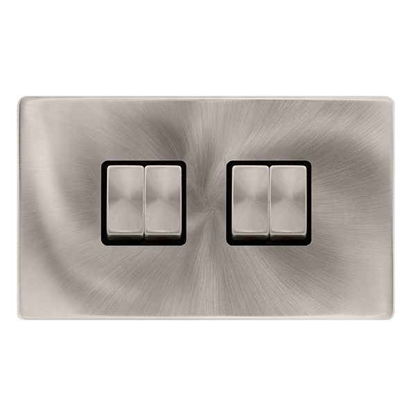 Scolmore SFBS414BK 10AX INGOT 4 GANG 2 WAY SWITCH - BRUSHED STEEL COVER PLATE - BLACK INSERT