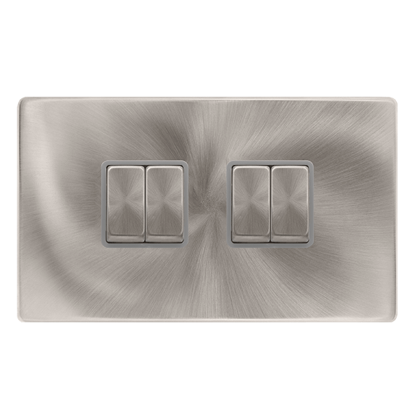 Scolmore SFBS414GY 10AX INGOT 4 GANG 2 WAY SWITCH - BRUSHED STEEL COVER PLATE - GREY INSERT