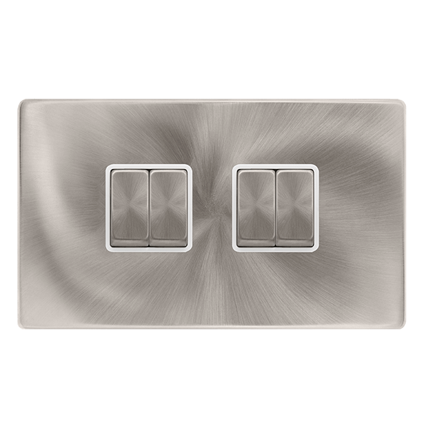Scolmore SFBS414PW 10AX INGOT 4 GANG 2 WAY SWITCH - BRUSHED STEEL COVER PLATE - POLAR INSERT