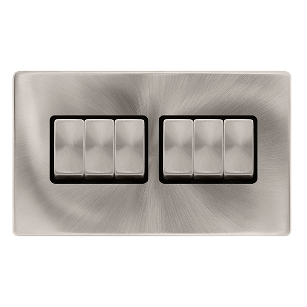 Scolmore SFBS416BK 10AX INGOT 6 GANG 2 WAY SWITCH - BRUSHED STEEL COVER PLATE - BLACK INSERT