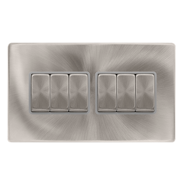Scolmore SFBS416GY 10AX INGOT 6 GANG 2 WAY SWITCH - BRUSHED STEEL COVER PLATE - GREY INSERT