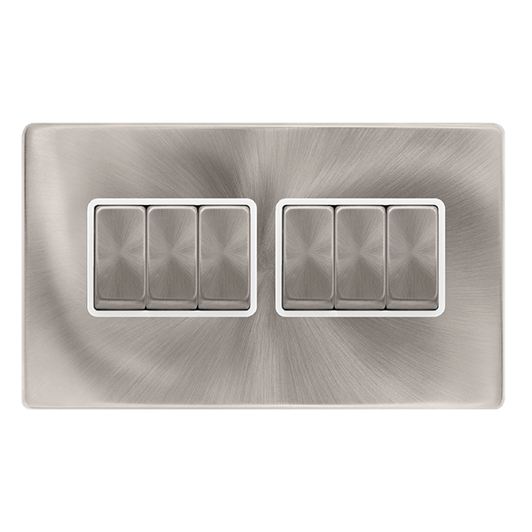 Scolmore SFBS416PW 10AX INGOT 6 GANG 2 WAY SWITCH - BRUSHED STEEL COVER PLATE - POLAR INSERT