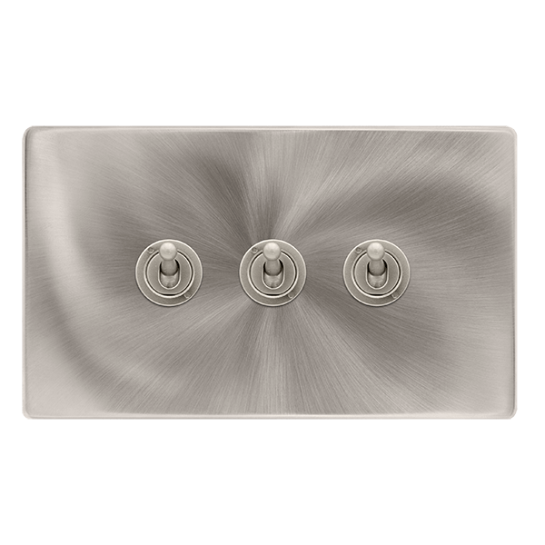 Scolmore SFBS423 10AX 3 GANG 2 WAY TOGGLE SWITCH - BRUSHED STEEL