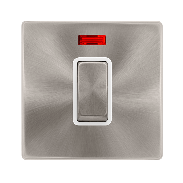 Scolmore SFBS501PW 50A INGOT 1 GANG DOUBLE POLE SWITCH WITH NEON -  BRUSHED STEEL COVER PLATE - POLAR WHITE INSERT