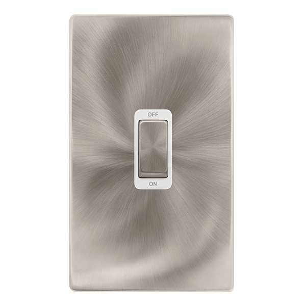 Scolmore SFBS502PW 50A INGOT 2 GANG DOUBLE POLE SWITCH -  BRUSHED STEEL COVER PLATE - POLAR WHITE INSERT